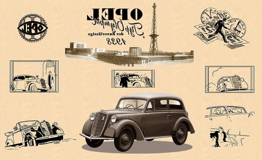 Opel Olympia, Limousine, pkw, zeitgenössische Werbung, neu bearbeitet, klassisch, historisch, Oldtimer, nostalgisch, Grafikdesign, der Verkehr