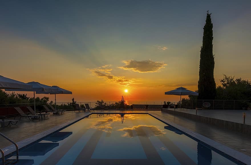 posta de sol, piscina, mar, Grècia, illa, hotel, aigua, cel, vespre, paisatge, viatjar