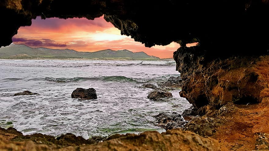 la grotte, mer, le coucher du soleil, océan, roches