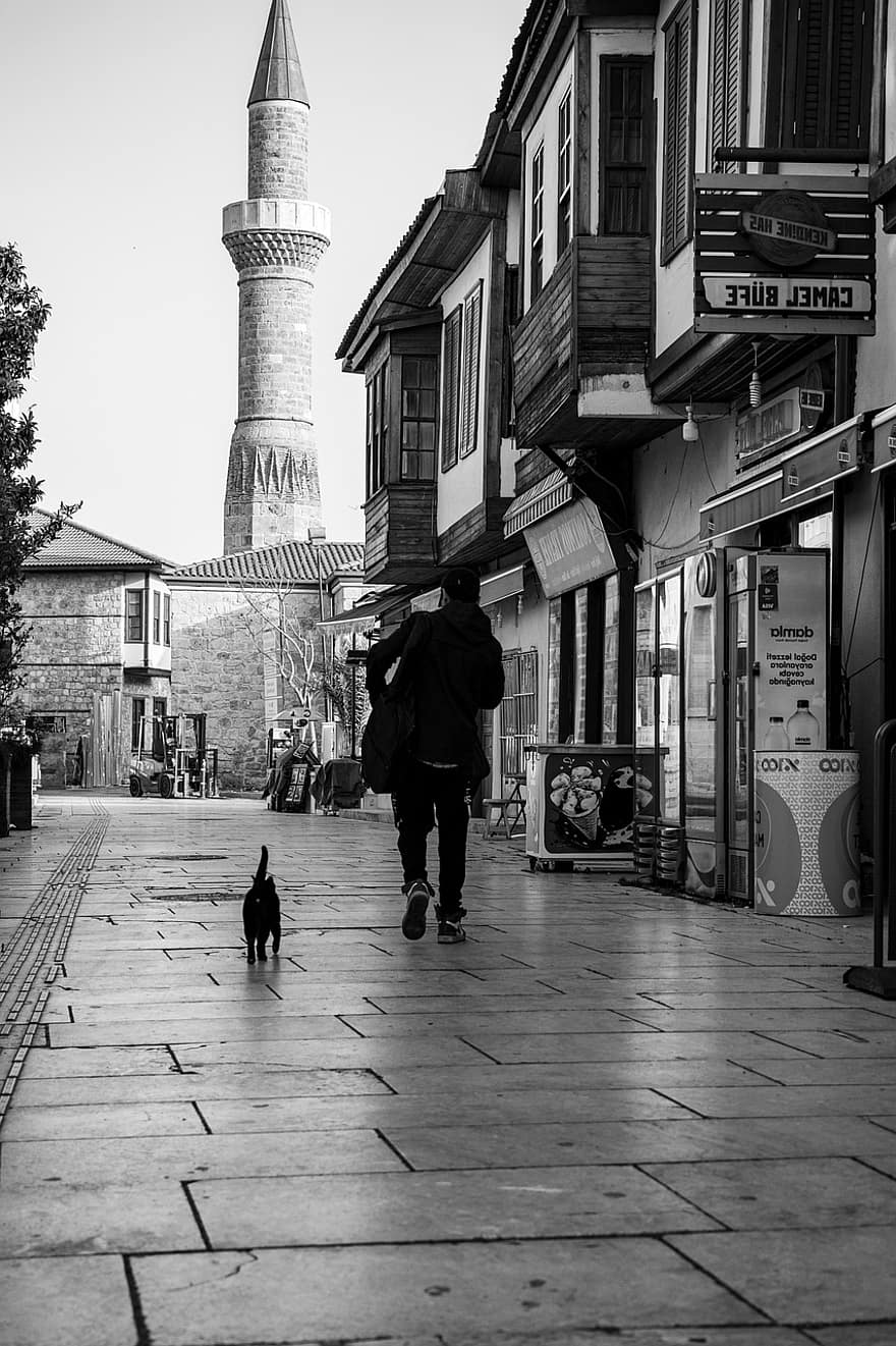 Antalya, Street, City, Turkey, Old Town, Path, Pavement, black and white, famous place, architecture, men