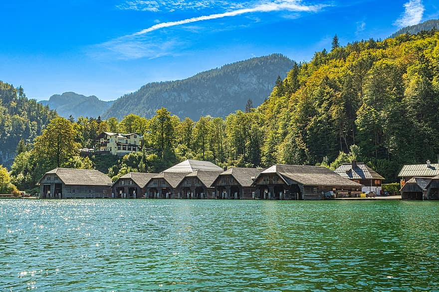 ezers, laivu māja, königssee, berchtesgaden, kalni, bavārija, pilsēta, brīvdienas, kalns, ainavu, ūdens