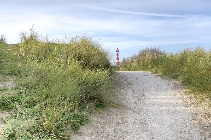 Lighthouse, Trail, Pathway, Dunes, Coast, Beach, Building, Sea, Perspective, Hollum