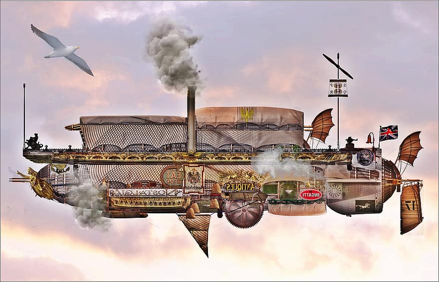luftskepp, steampunk, handelsfartyg, moln, ånga, zeppelin, flygplan, flyta, sci fi, Atompunk