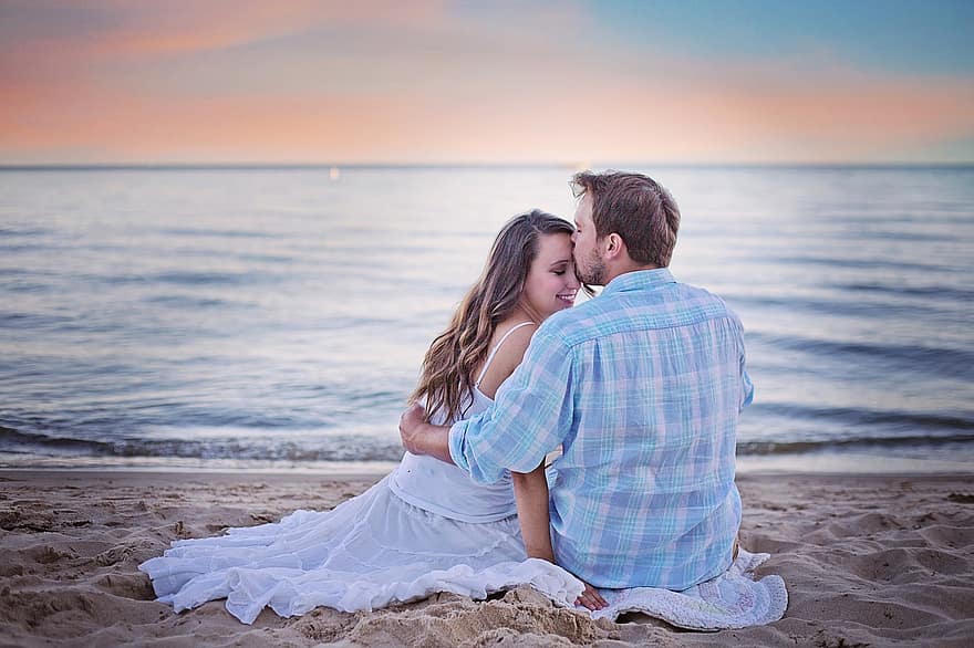 plaj, sarılma, oturma, snuggling, gün batımı, Aşk, çift, seven, romantik, mutlu, aşık