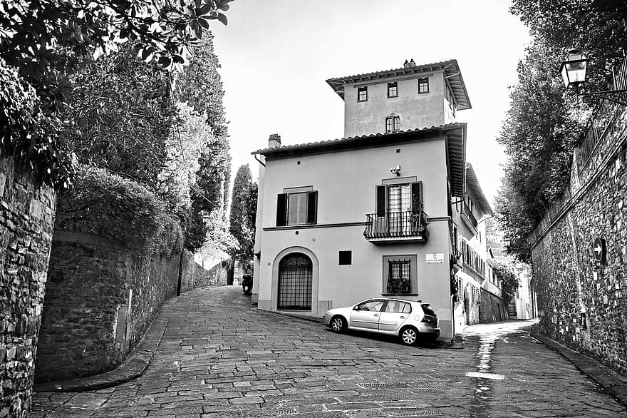 Town, Village, Car, Houses, architecture, building exterior, old, black and white, history, built structure, old-fashioned