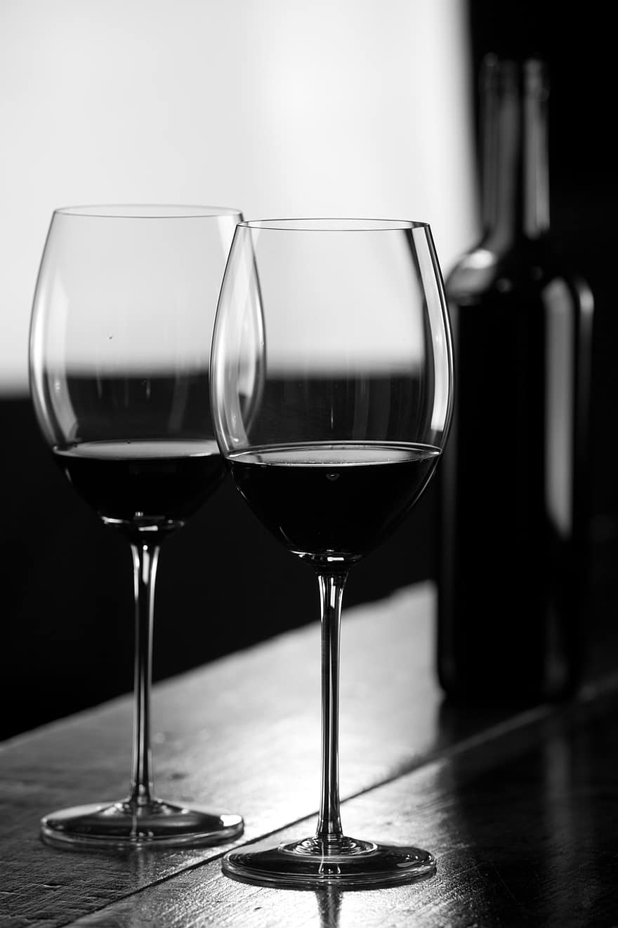 vin, ochelari, monocrom, băutură, alcool, vin rosu, pahare de vin, a închide, sticlă, roșu, pahar de vin