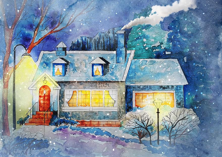 Dům, zimní, Vánoce, Příroda, vesnice, chalupa, architektura