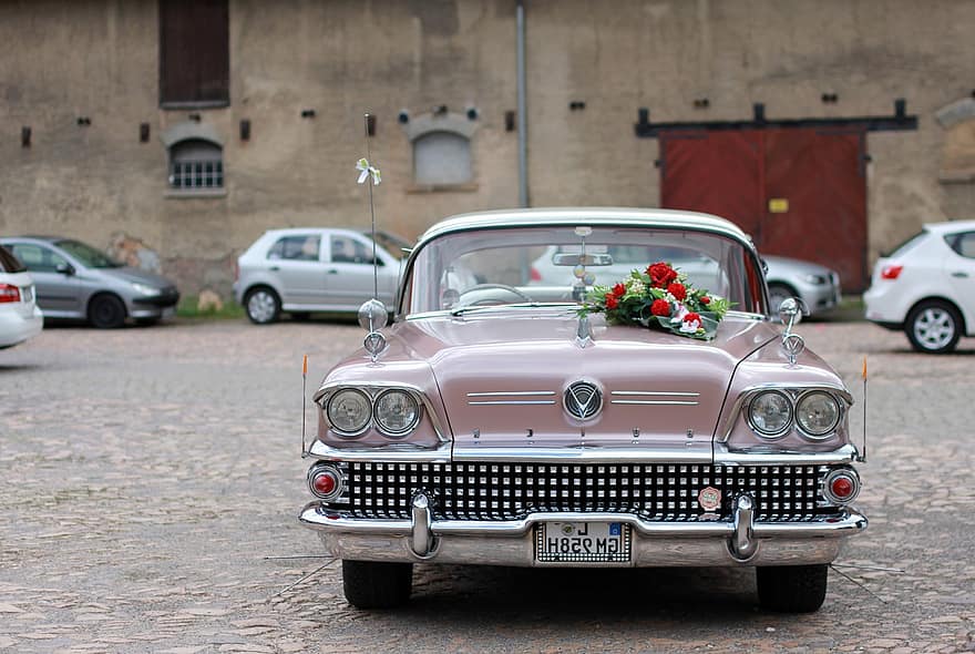 gammaldags, bil, bröllopsbil, reste sig, dekorerad, blommor, deco, gifta sig, fordon, klassisk, bil-