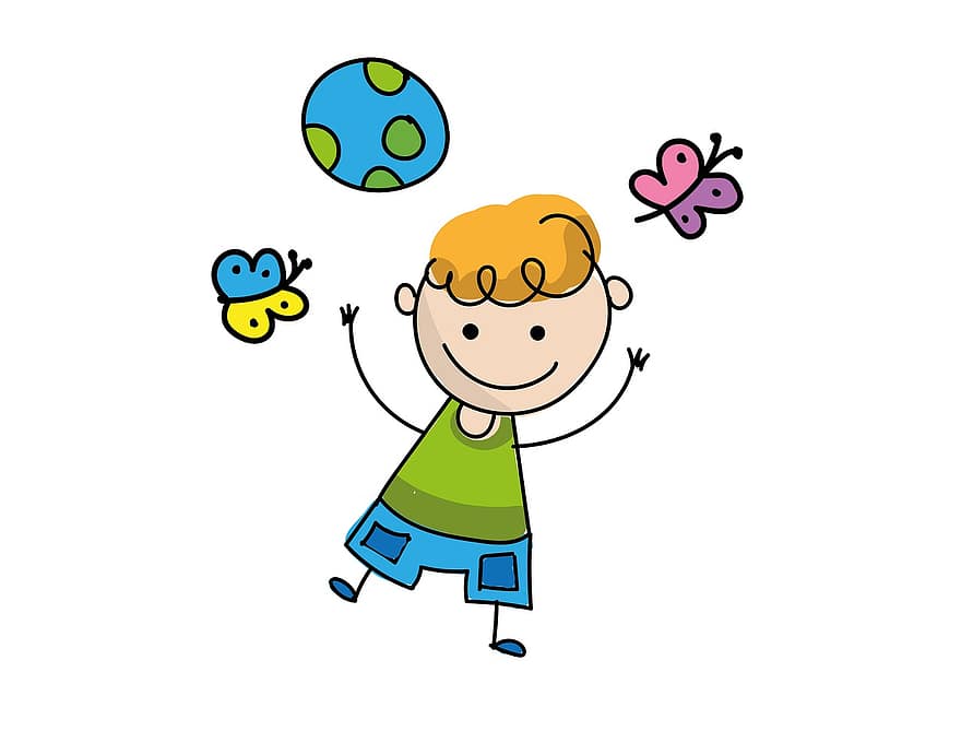 copil, băiat, desen, desen animat, fluture, minge, vector, ilustrare, drăguţ, băieți, distracţie