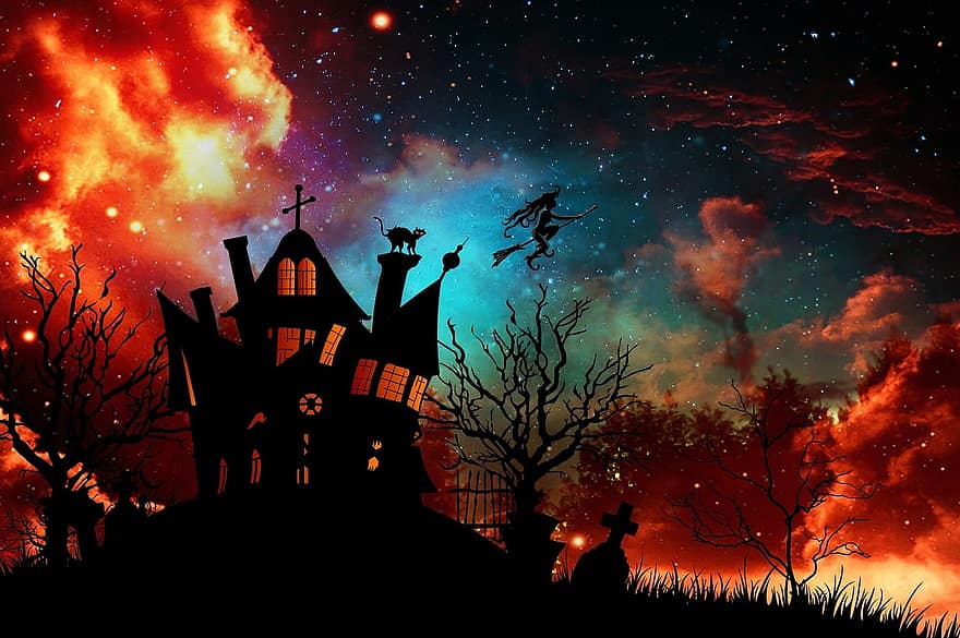 het huis van de heks, de heks, halloween, sterrenhemel, vreemd, sprookjes, brand, vuurzee, merk, grafsteen, atmosfeer