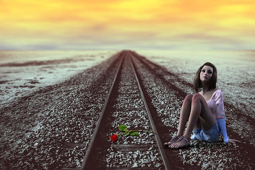 surullisuus, yksinäisyys, hylkääminen, rautatie, hävitys, tunteet, surullinen, menetetty, tyttö, henkilö, ruusu-