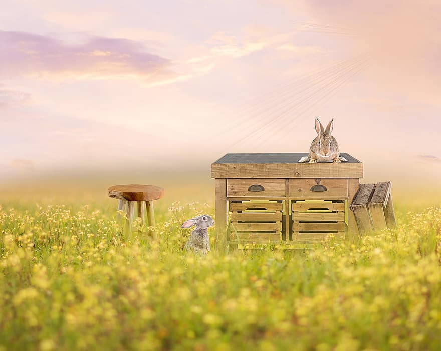 Rabbits, Spring, Background, Digital Background, Design, Flowers, Field, Nature, Outdoors, Easter