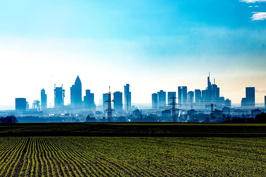 skyline, terras agrícolas, vista da cidade, cidade, prédios, agricultura, Fazenda, plantação, paisagem urbana, frankfurt, céu