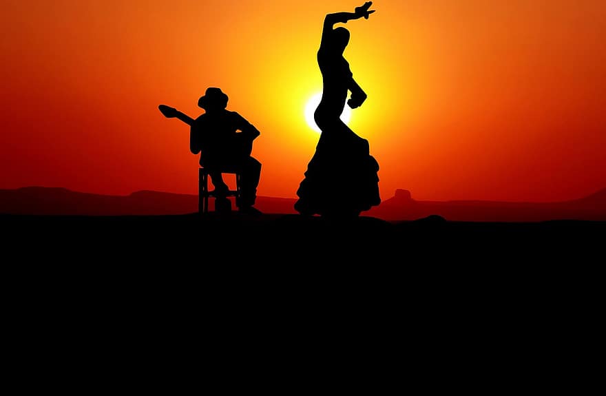 tramonto, danza, flamenco, silhouette, donne, giovane, ragazza, contento, attivo