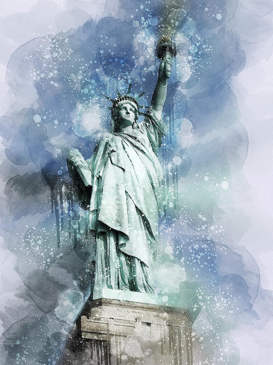 Watercolor, Painting, Art, Artistic, New York, Statue Of Liberty, Blue Art, Blue News, Blue Painting, Blue Paint, Blue Watercolor