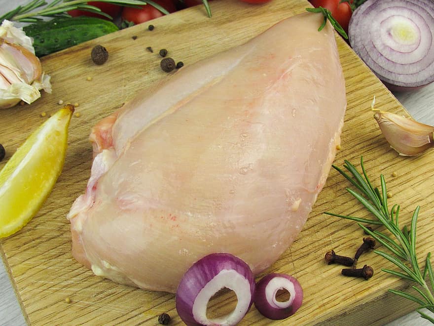 kylling, bryst, filet, rå, udbenet, protein, organisk, frisk, fremstille, grøntsager, kød
