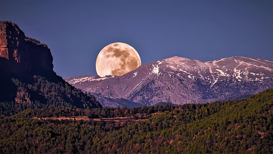 луна, природа, планини, пътуване, проучване, пълнолуние, на открито, нощ, планина, лунна светлина, дърво