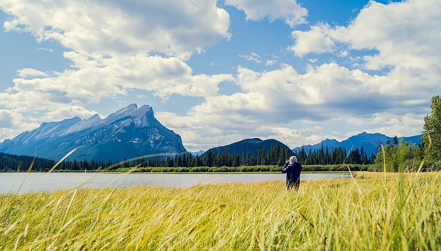 Field, Lake, Mountains, Tourist, Man, Person, Vacation, Holiday, Leisure, Grass, Meadow