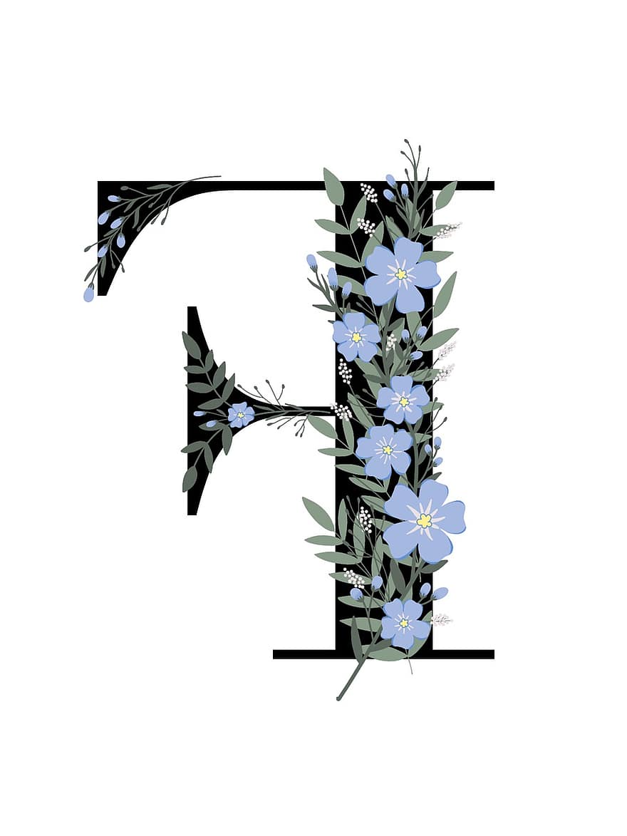 F, květinový, scrapbooking, zápisníku, dopis, písmo, květiny, dekorativní, typografie