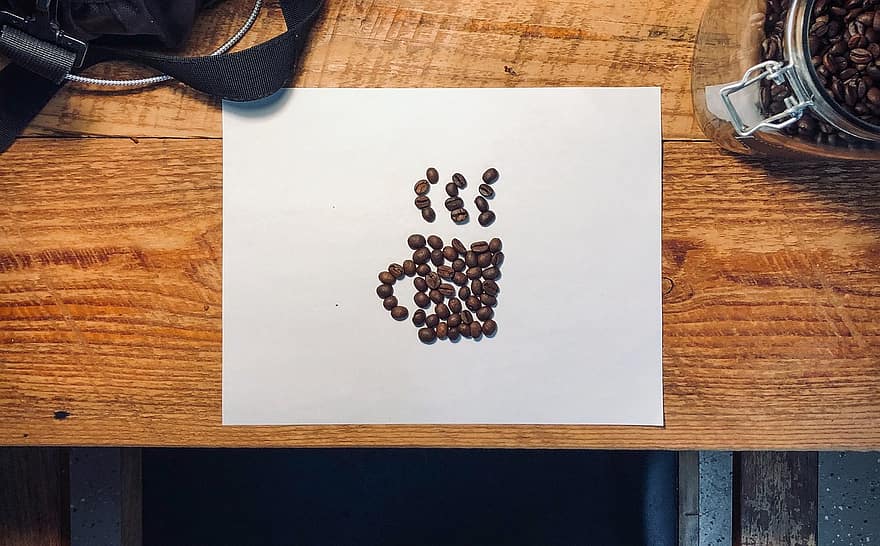 café, grãos de café, arte de café, mesa, papel, feijão torrado