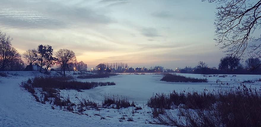 chemin, neige, Gdańsk, Pologne, hiver, paysage, soir