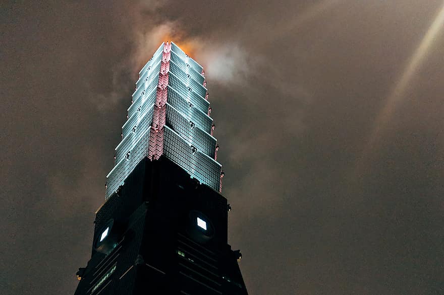 wieżowiec, Tajpej, noc, oświetlony, mgła, niebo, nocne życie, Taipei 101, wieża, gabinet, budynek