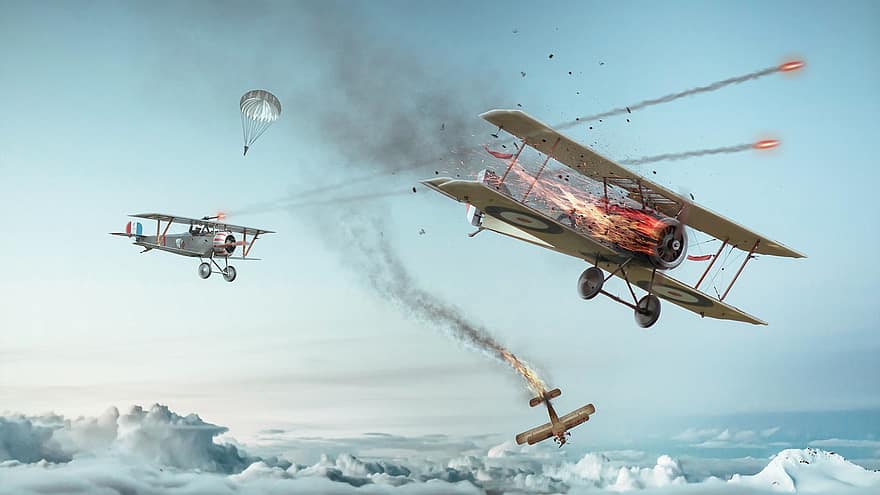 αεροσκάφος, διώροφο, αεροπορική μάχη, πόλεμος, αεροπορικό δυστύχημα, αλεξίπτωτο, φωτομοντάζ, σύννεφα, εισαγωγή, ουρανός, Φωτιά