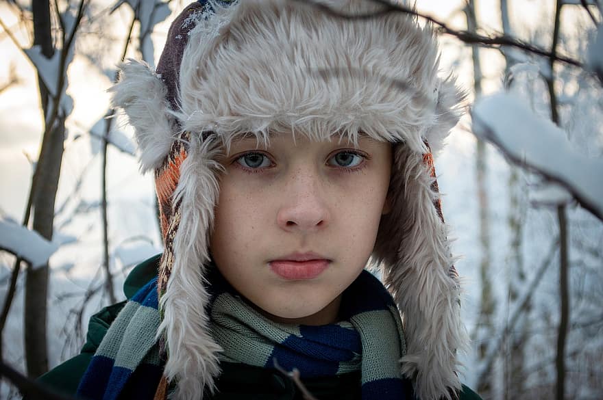 garçon, hiver, portrait, chapeau, adolescent, forêt, écharpe, des gamins, russe, esclaves, Sibérie
