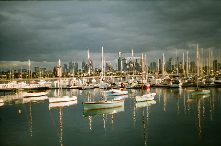 Melbourne, Australia, yachter, hav, by, skyer, båt