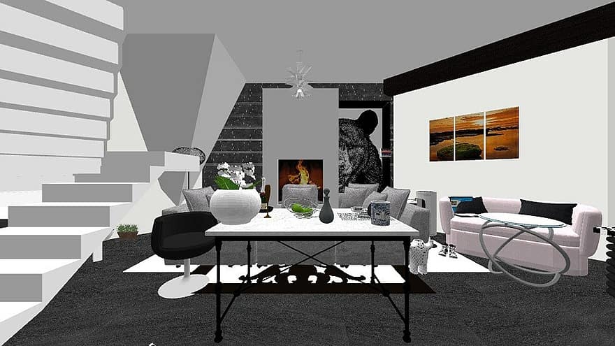 desain interior, ruang keluarga, mebel, kamar, peralatan, pedalaman, dekorasi rumah, rumah, Apartemen, 3D Mockup, Rendering 3d