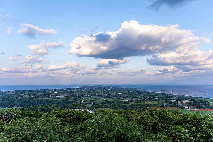 Wadomari, Okinoerabujima, Japonija, kagoshima, kraštovaizdį, vasara, mėlyna, debesis, dangus, saulėlydis, kaimo scenoje