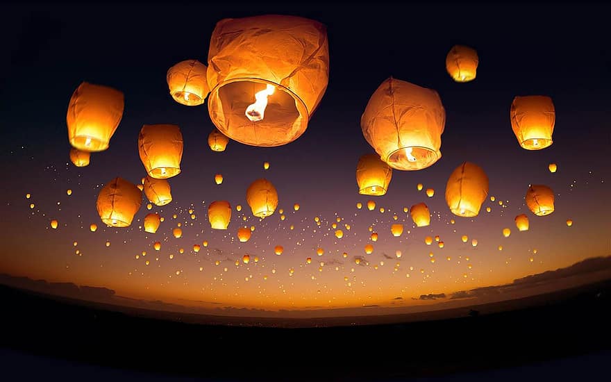Balloons, Candle, Fire, Flame, Sky, Lights