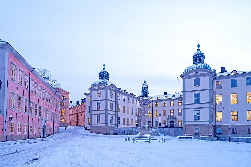 Miasto, zimowy, Budynki, śnieg, architektura, Szwecja, Europa, sceneria, znane miejsce, pejzaż miejski, na zewnątrz budynku