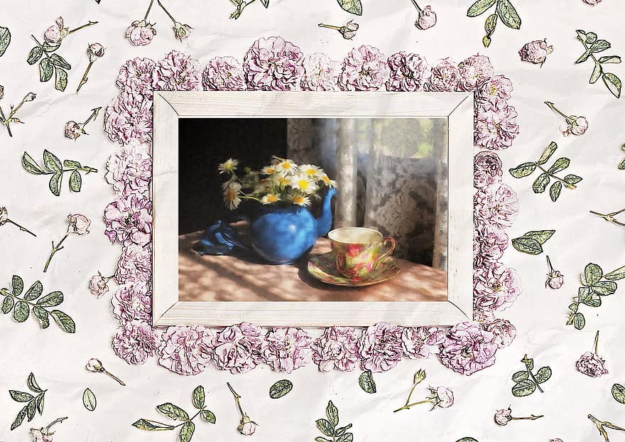 ettermiddags te, innendørs, ramme, blomst, lys, ettermiddag, te, matbit, drikke, gryte, kopp