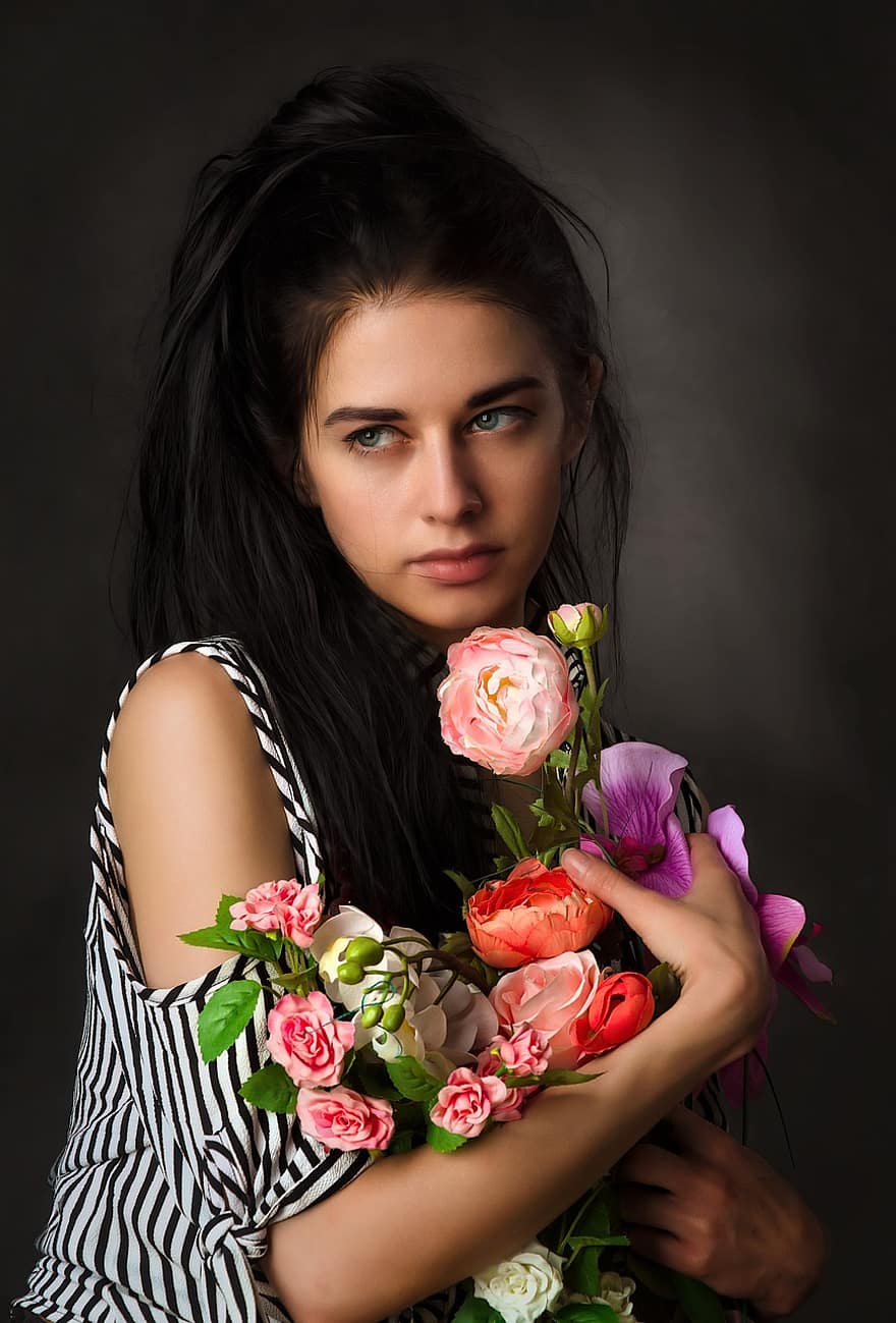 жінка, квіти, пелюстки, квіткова композиція, обличчя, волосся, макіяж, очі, молодий