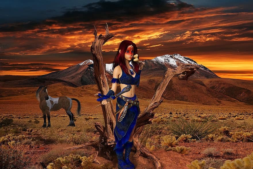 фон, гори, червоне небо, воїн, кінь, фантазія, самка, характер, цифрове мистецтво