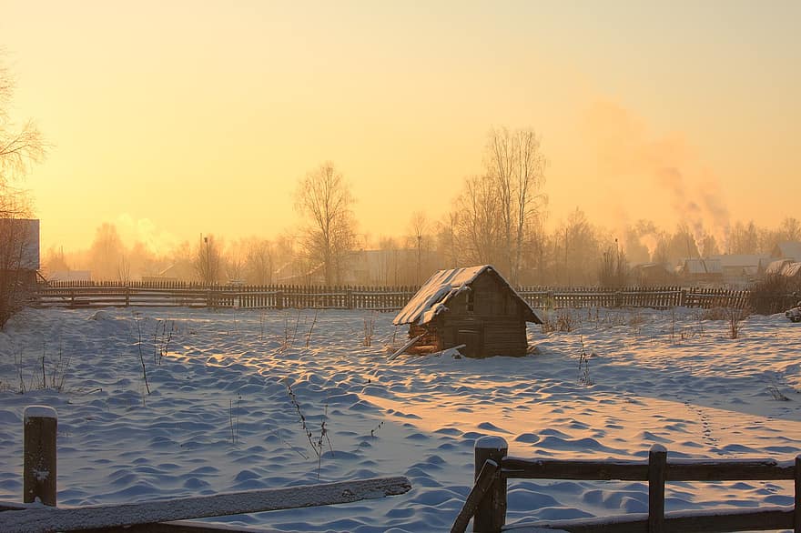 làng, Cảnh quan nông thôn, sương giá, mùa đông