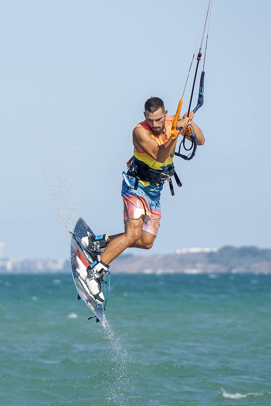 Mann, borde, hav, passe, vannsport, kite surfing, Drage, kite boarding, vann, surf, kite surfer