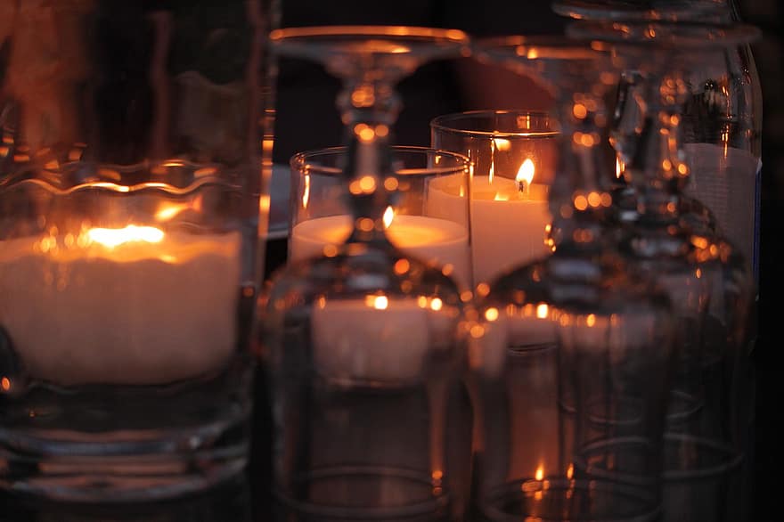 свеча, стакан, вечер, свечи, украшение, свет, праздник, романтик, теплый, ночь, отражение