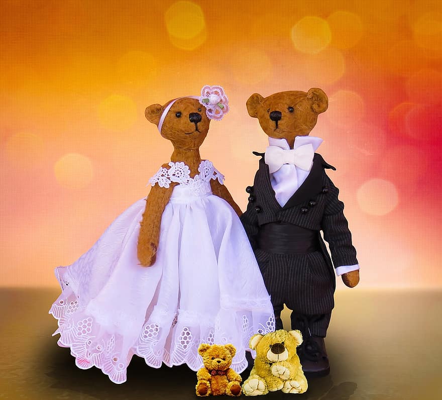 емоції, весілля, Наречений і наречена, одружитися, сукня, ведмідь, плюшеві ведмедики, діти, кохання, Вітальна листівка