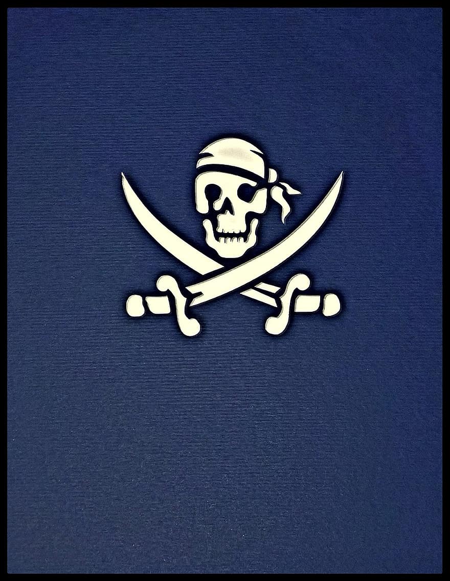 targeta de felicitació, mapa, blau fosc, Empremta amb pirates lleugers, espases creuades, cap pirata, Salutació especial