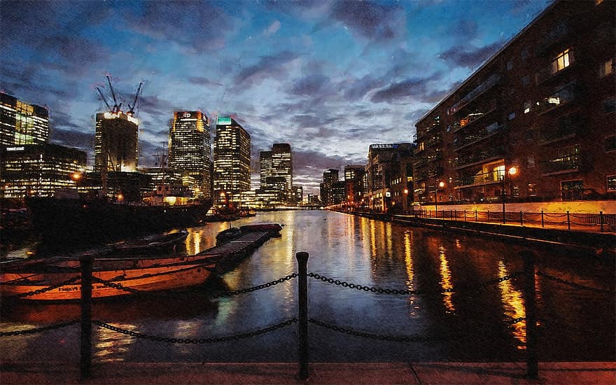 apă, noapte, timp, reflecţie, barcă, mic, structura, peisaj urban, vedere, Londra, Regatul Unit