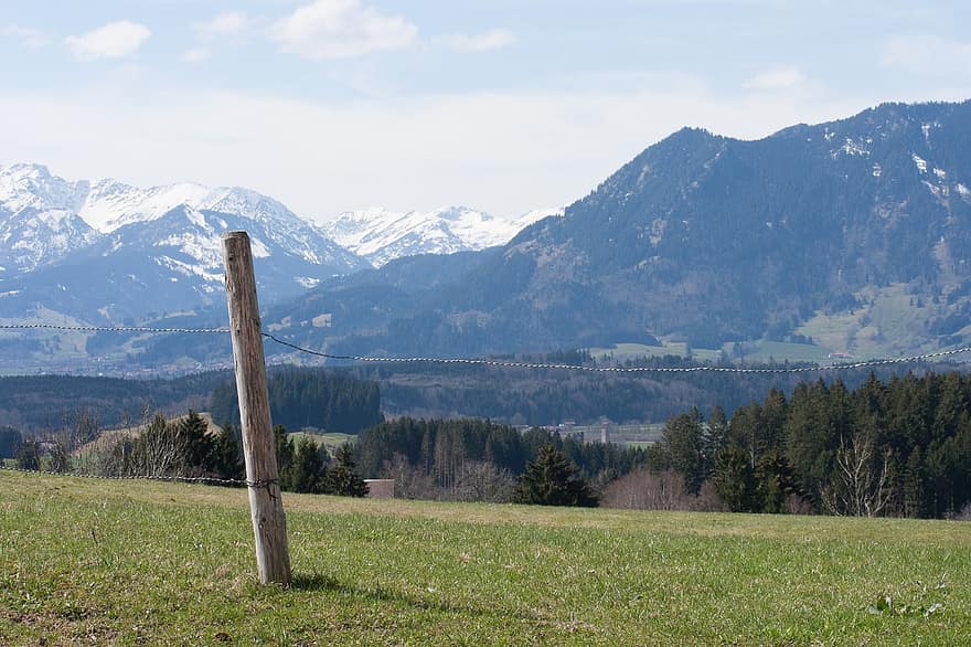 bjerge, landskab, Allgäu, dal, landsby, natur, eng, træer, tåge, topmøde, alpine