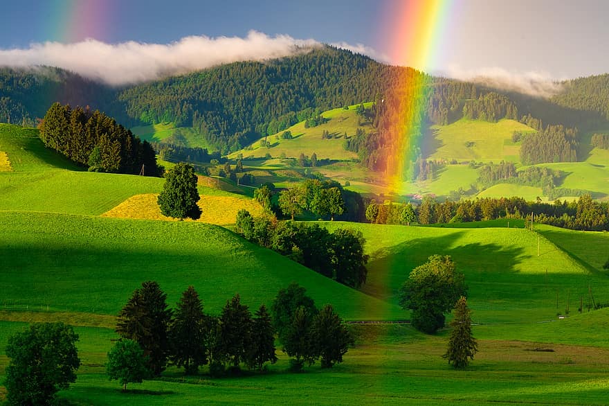 arcobaleno, colline, pioggia, sole, luce, tramonto