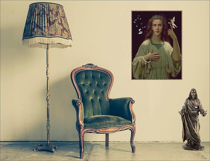 pittura, arte, sedia, lampada da pavimento, statua
