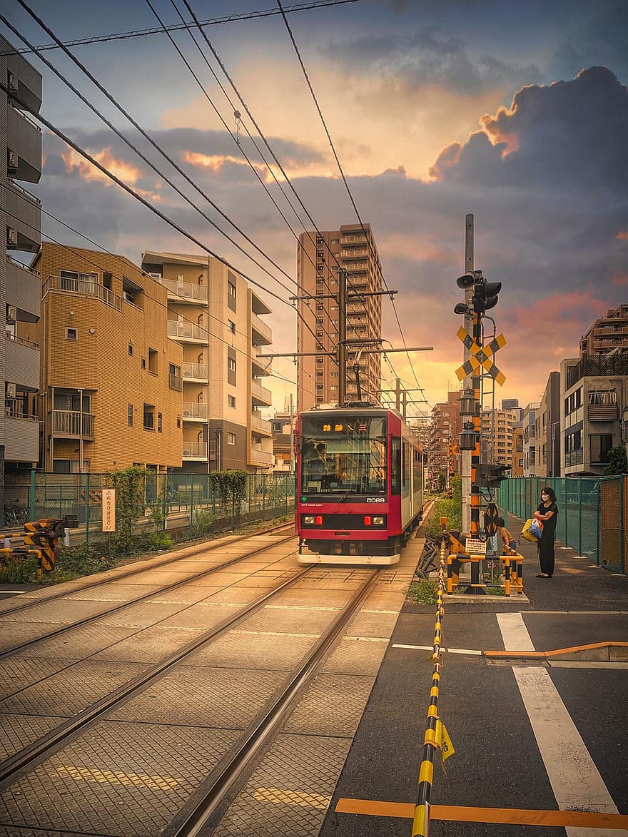 трамвай, град, Град Тошима, Хигаши-икебукуро, транспорт, пътуване, сгради, железопътен прелез, пресичане, линия toden arakawa, Трамвай със сакура в Токио