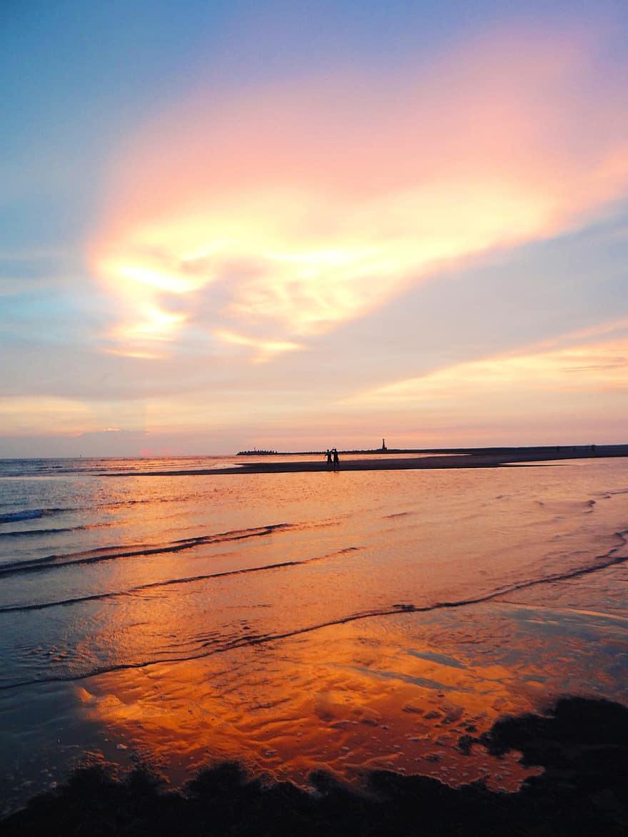 solnedgång, sand, hav, strand, kust, visningar, landskap, kväll