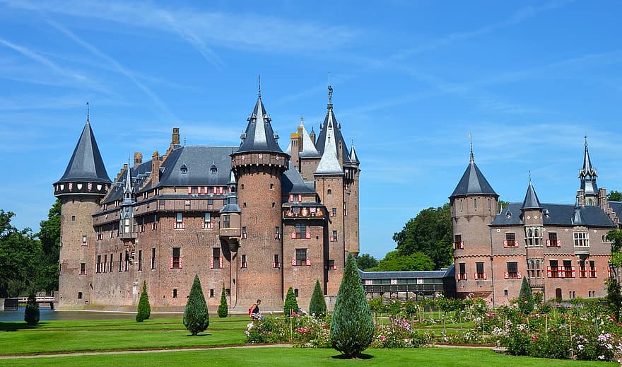 Schloss, die Architektur, Garten, Frühling, Mittelalterliche Burg, Rasen, Niederlande, berühmter Platz, Geschichte, Gebäudehülle, alt