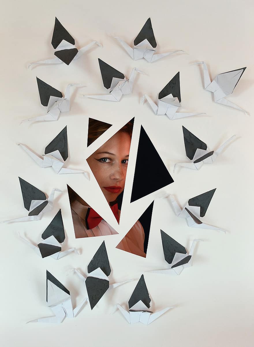 kobieta, żurawie z papieru, rama, origami, dziewczynka, osoba, piękno, piękny, poza, Model, papier