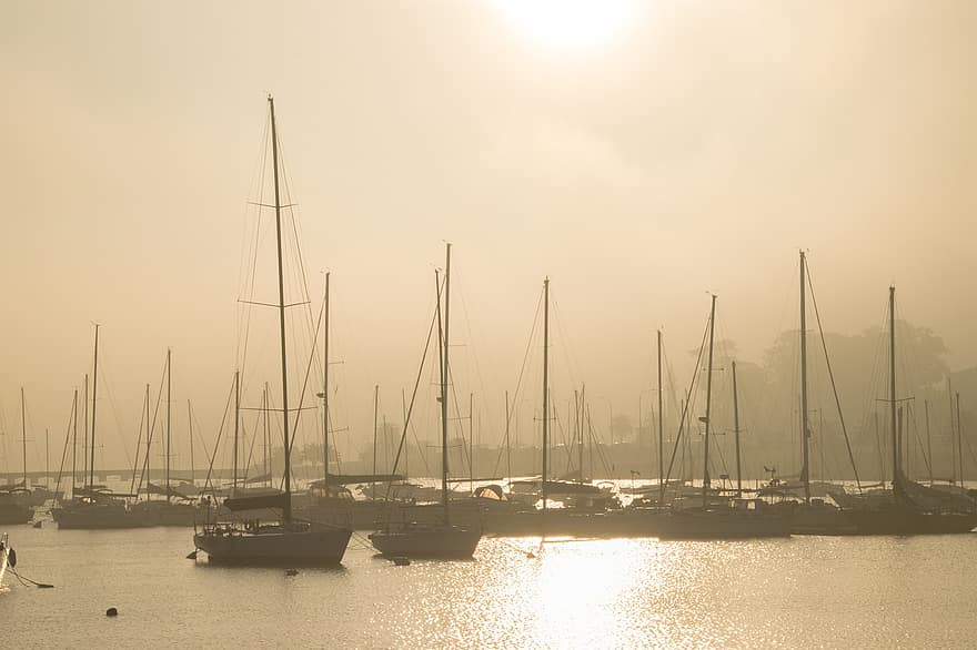Boats, Dock, Fog, Sea, Harbor, Mist, Pier, Reflection, Rocks, Water, yacht